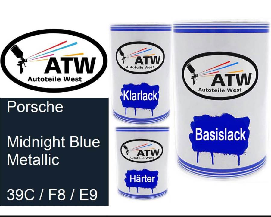 Porsche, Midnight Blue Metallic, 39C / F8 / E9: 500ml Lackdose + 500ml Klarlack + 250ml Härter - Set, von ATW Autoteile West.